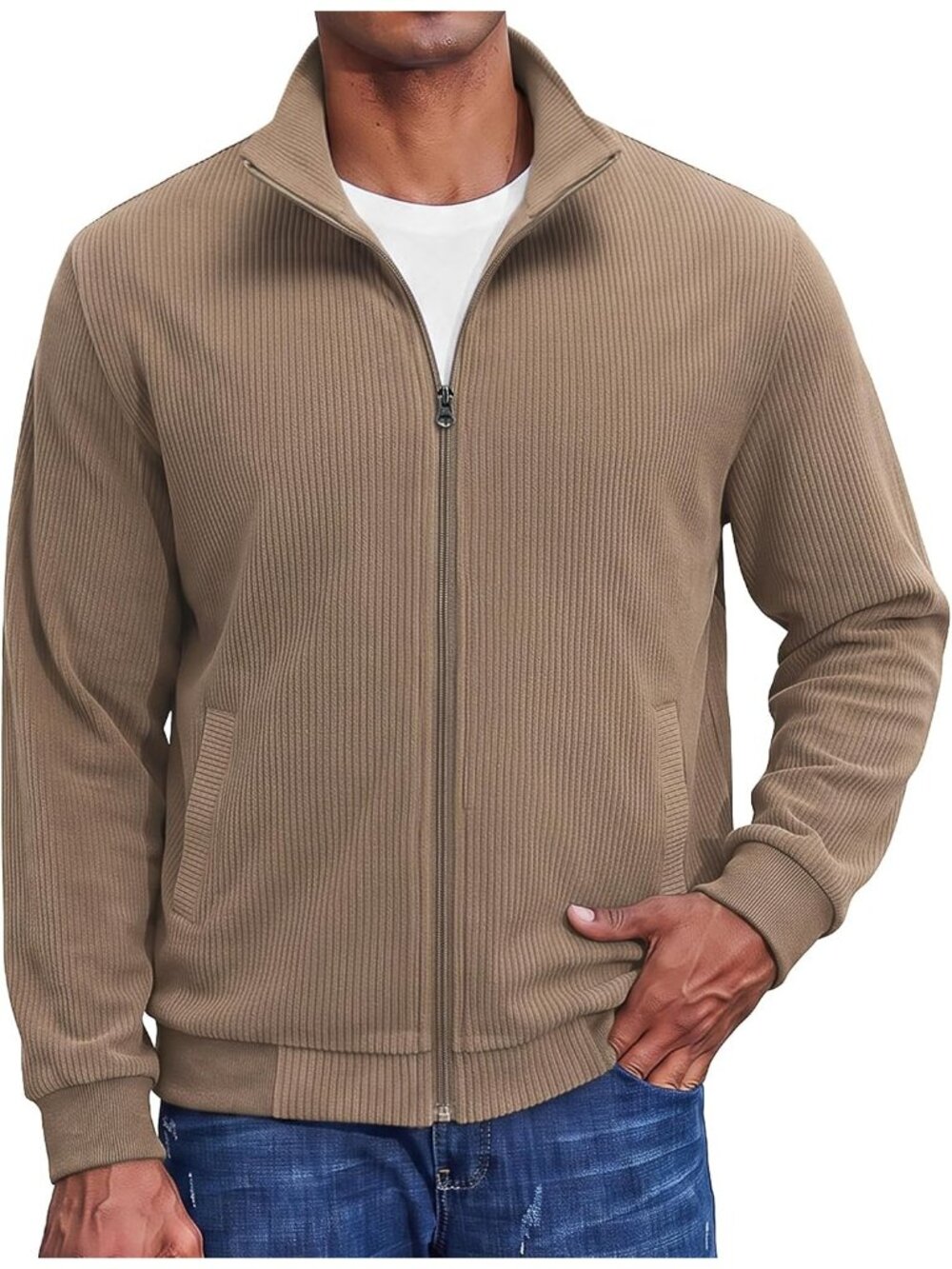 🆕Men's Light Brown Zip Up Sweatshirt Knit Cardigan Ribbed Mock Neck Outerwear
